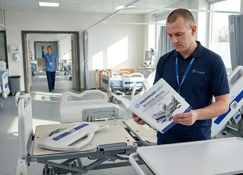 A hospital technician constructing a Medstrom bed following an Orchid produced technical manual.